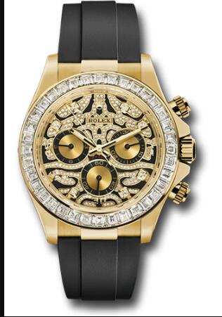 Replica Rolex Yellow Gold Cosmograph Daytona 40 Watch 116588 TBR-003 Diamond Bezel - Eye of the Tiger Dial - Black Oysterflex Strap
